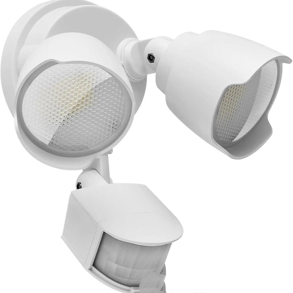 White rectangular PIR motion sensor security flood light with LED panel, showing wall mount bracket.