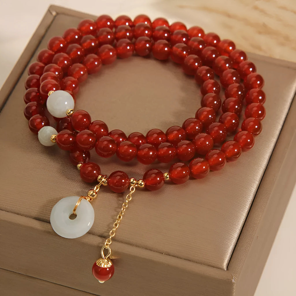 Women's red agate multi-layer bracelet with crystal accents and elastic band