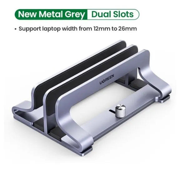 Silver aluminium alloy laptop cooling stand with adjustable width mechanism showing hollow design