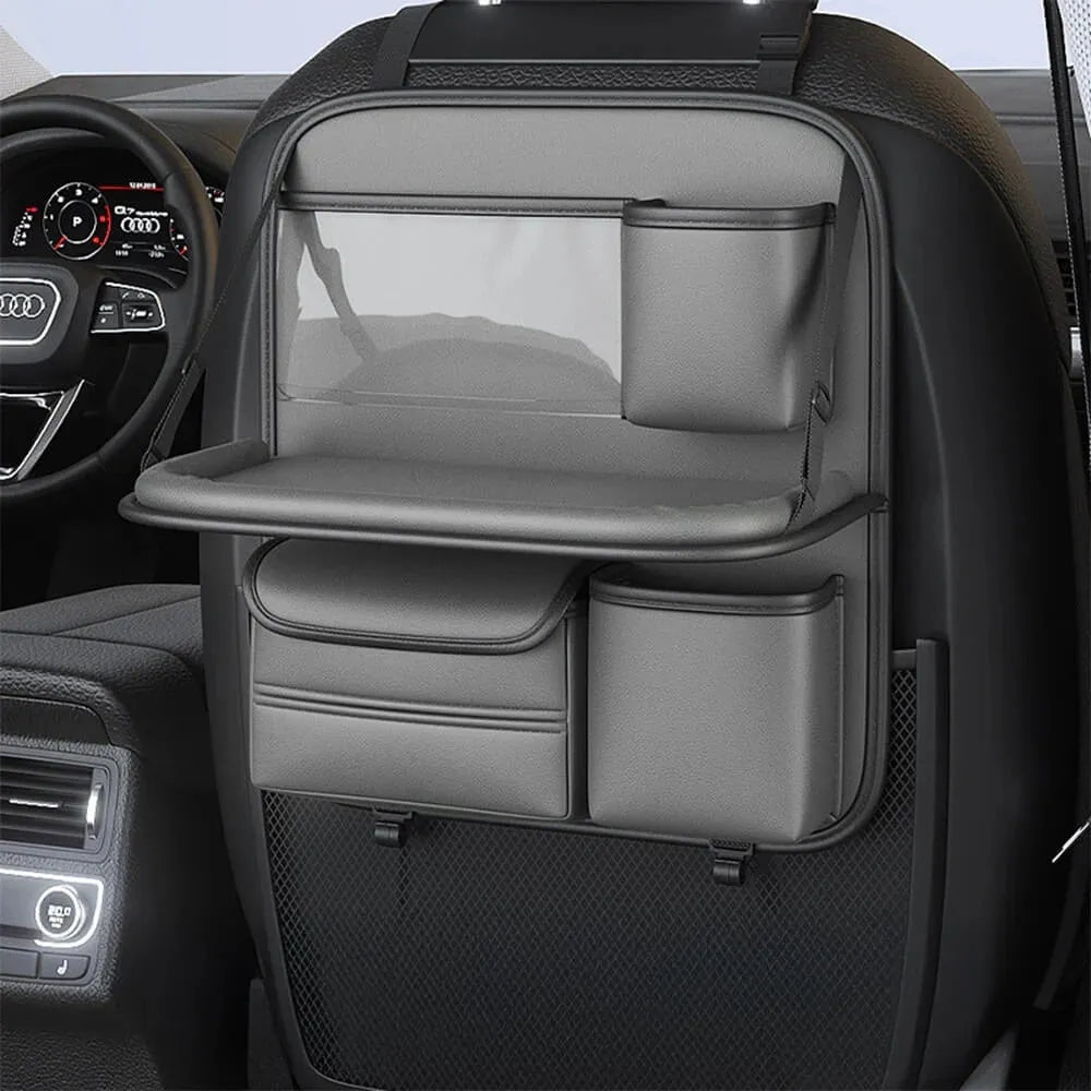 Genuine leather car seat organiser bag with a fold-out table in black, brown, grey, or green.