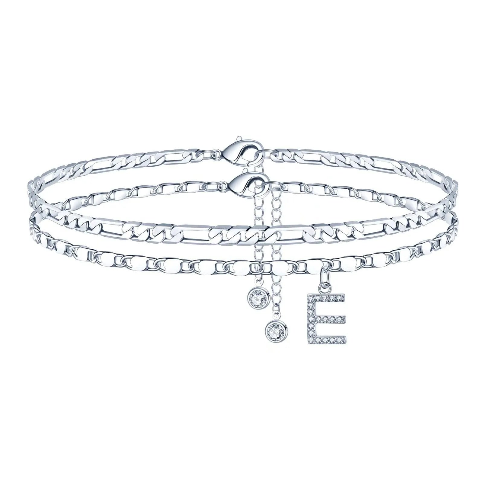Silver-coloured double-circle bead copper anklet showing alphabet letter modelling on ankle.