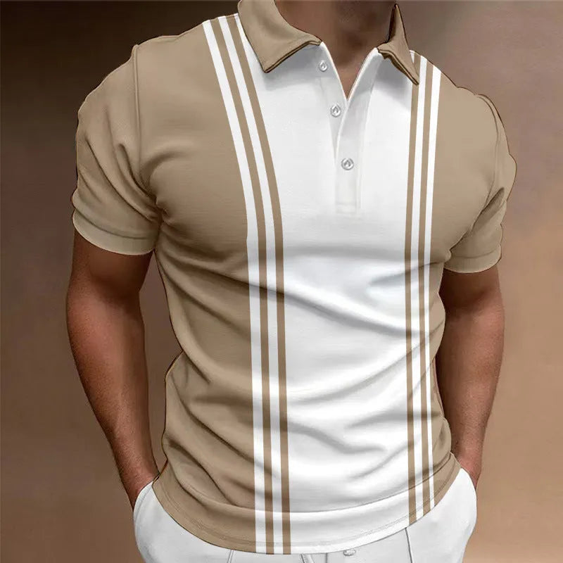 Men's loose-fit casual t-shirt with short sleeves and a printed lapel featuring three buttons.