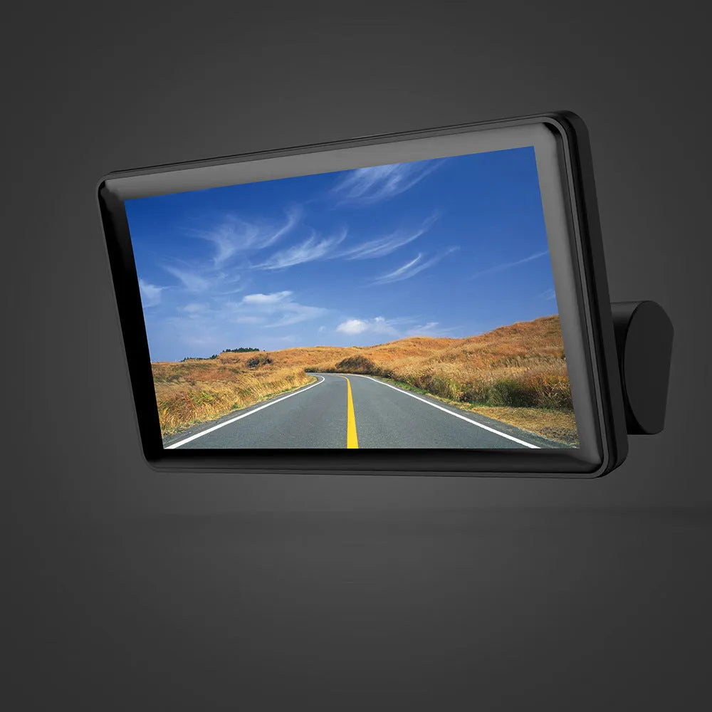 Black three-lens dashcam with 4-inch touchscreen display for front and rear car recording