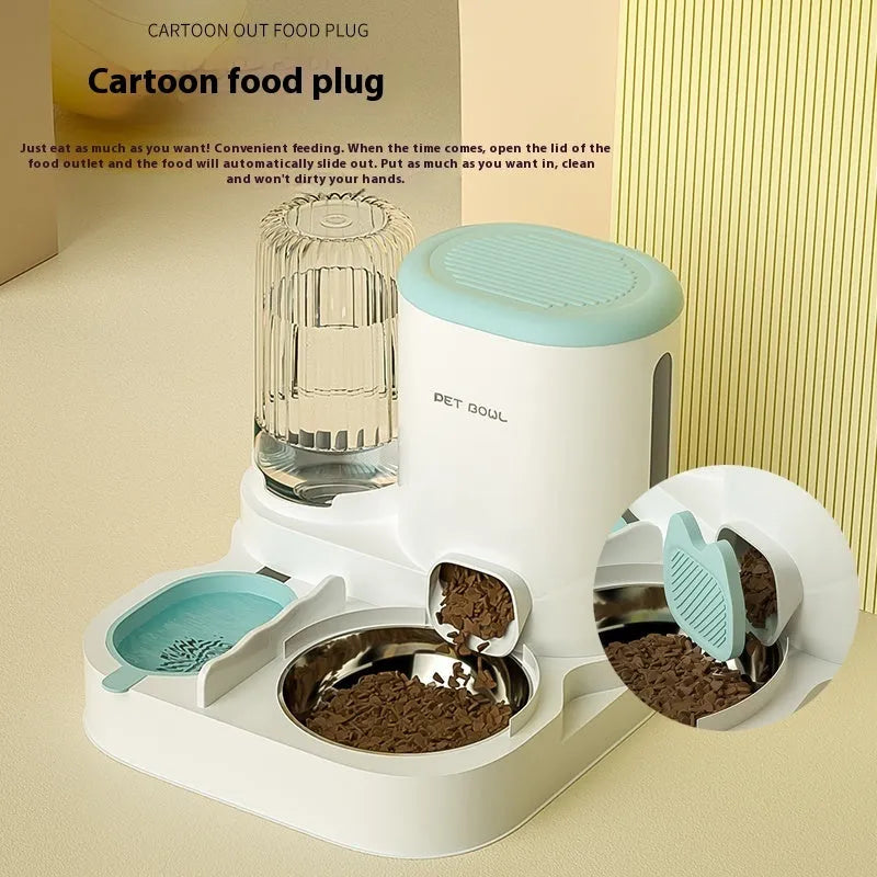 Automatic cat water fountain and food bowl combo with stainless steel dish in avocado green colour