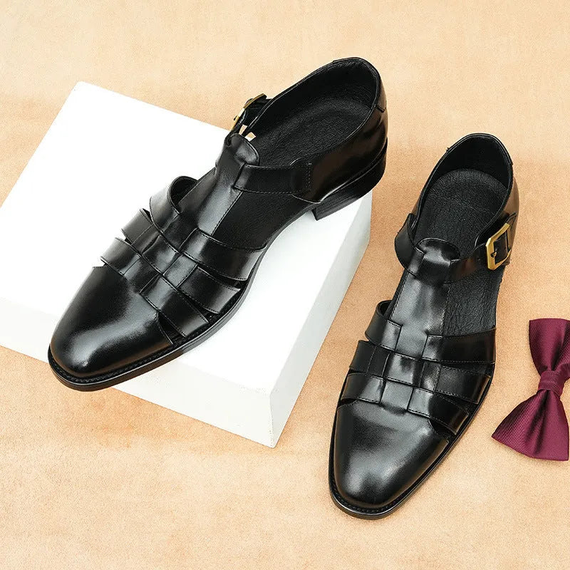 Men's genuine leather retro business sandals in brown with pigskin lining