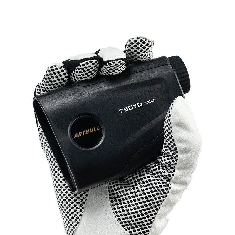 Golf laser rangefinder showing LCD display with distance measurement and slope compensation indicator