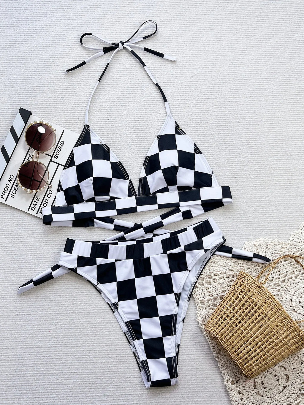 Women's black and white plaid creative plaid printed split swimsuit sleeveless polyester briefs