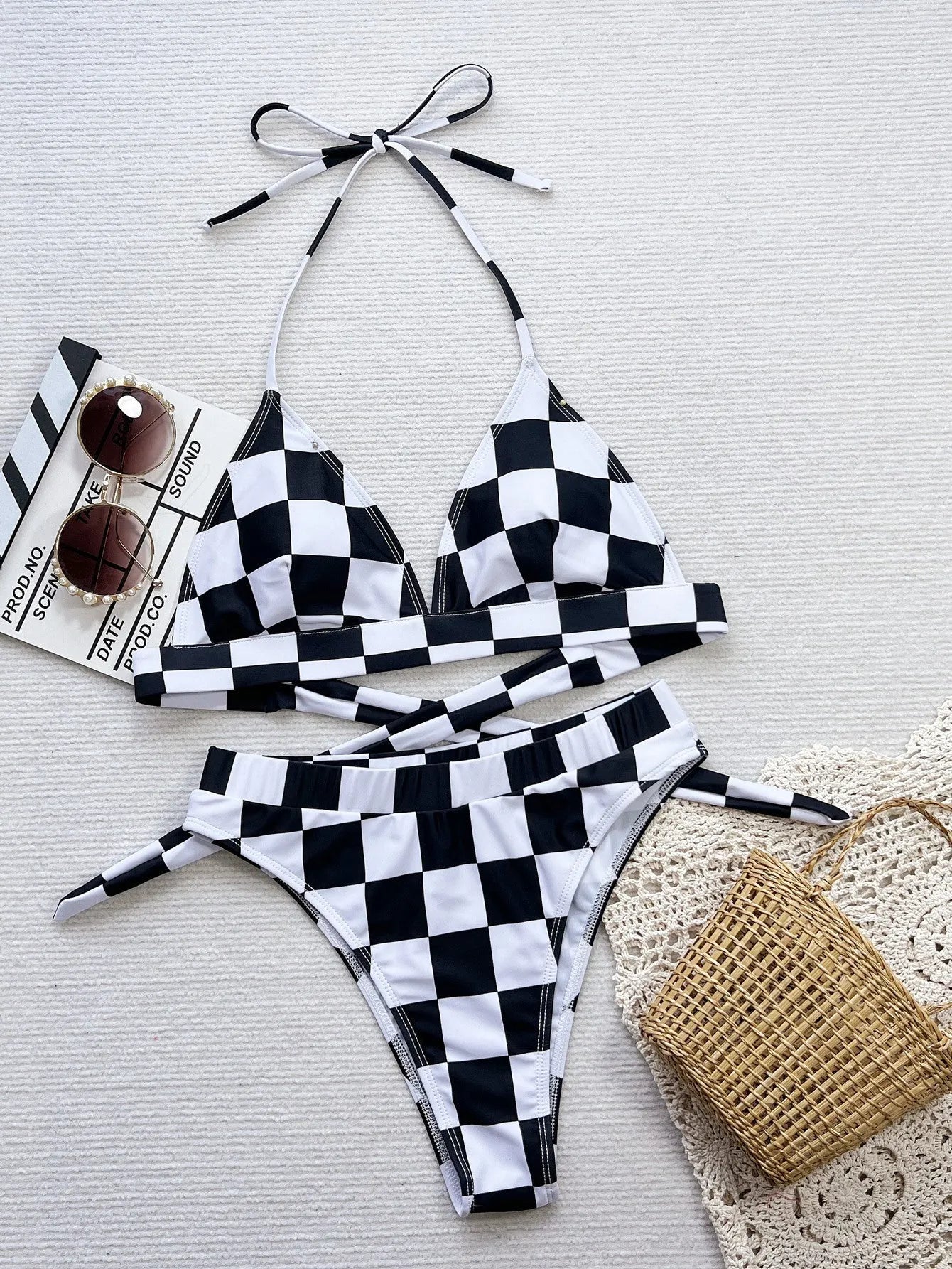 Women's black and white plaid creative plaid printed split swimsuit sleeveless polyester briefs