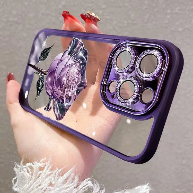 Dark Purple Fairy rose design TPU iPhone case with sparkling pink lens film for iPhone 11-14 models