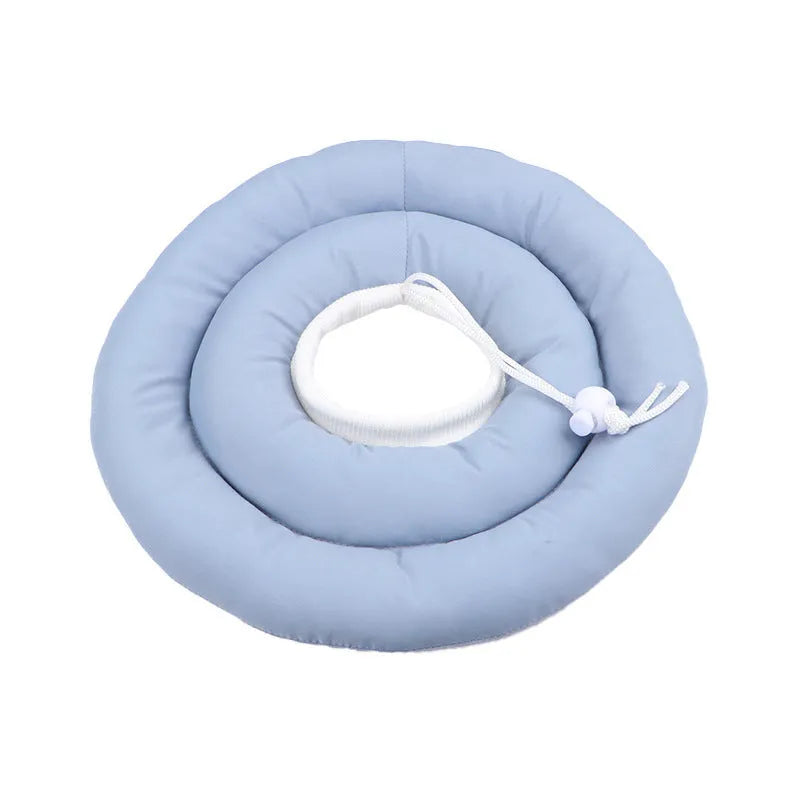 Blue adjustable waterproof Elizabethan collar for a dog showing the buckle and cone shape