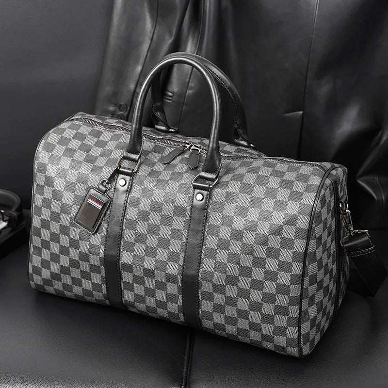 PU leather crossbody bag with sewing thread detail and plaid pattern for 20-35L travel