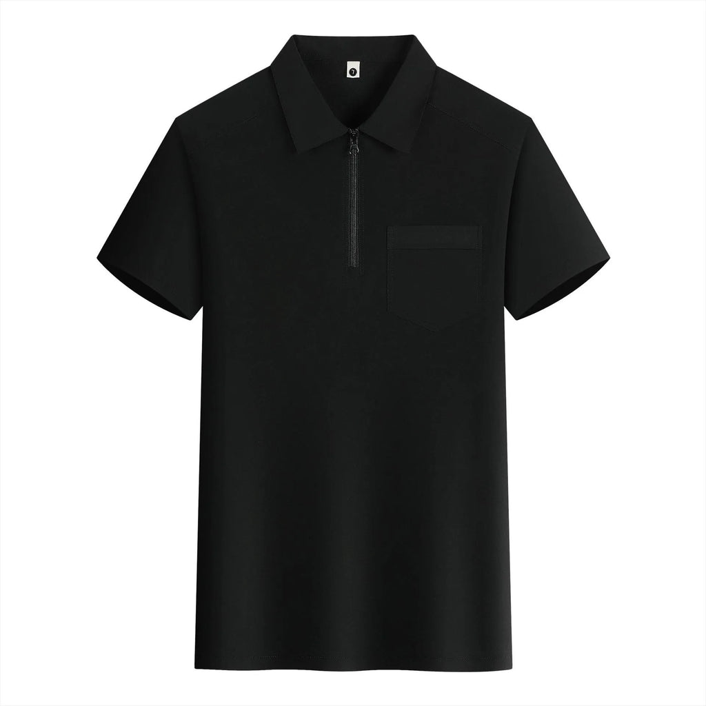 Short sleeve silver grey nylon shirt with a zipper pocket on the lapel.