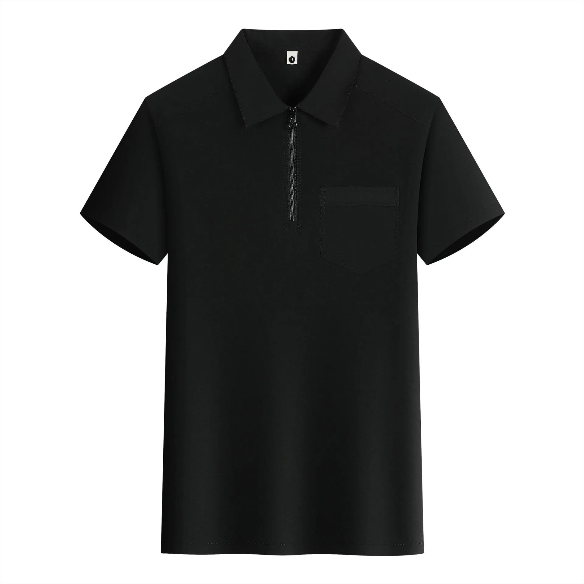Short sleeve silver grey nylon shirt with a zipper pocket on the lapel.