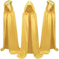 A black satin hooded wizard cloak costume laid flat, showing its length and mantle style.