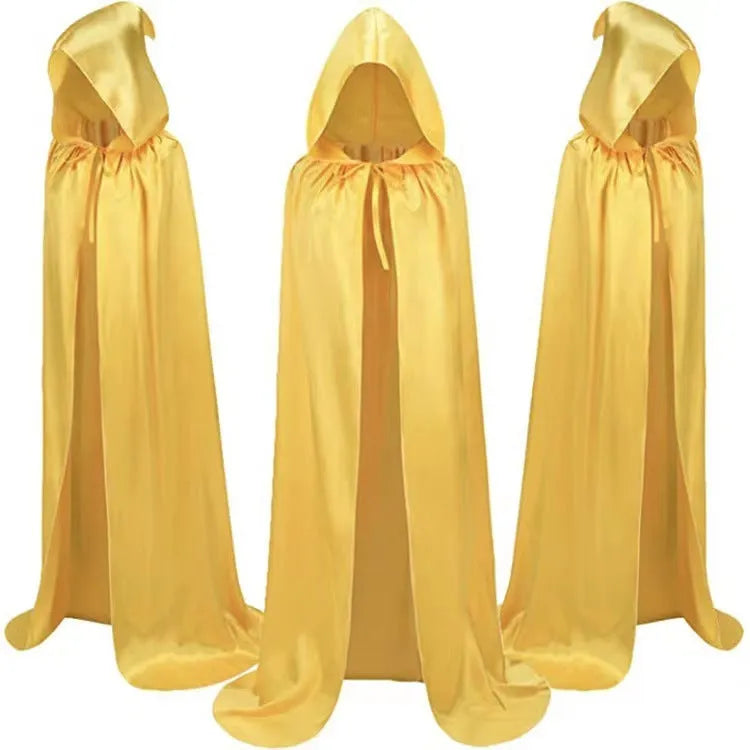 A black satin hooded wizard cloak costume laid flat, showing its length and mantle style.