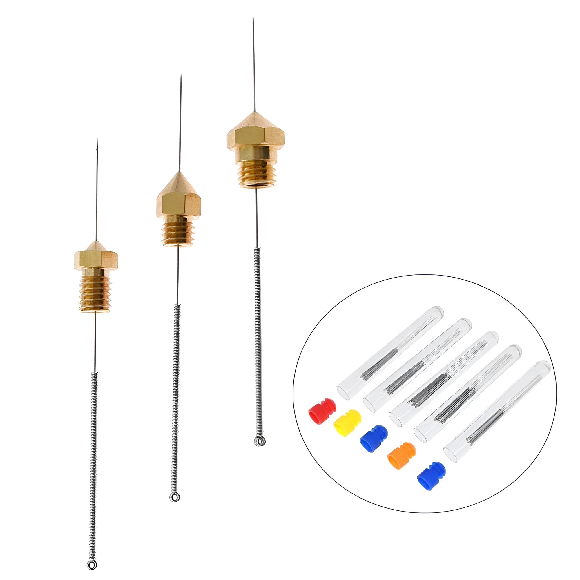 Set of ten metal cleaning needles for unclogging Mk8 and E3D 3D printer nozzles, showing different diameters.
