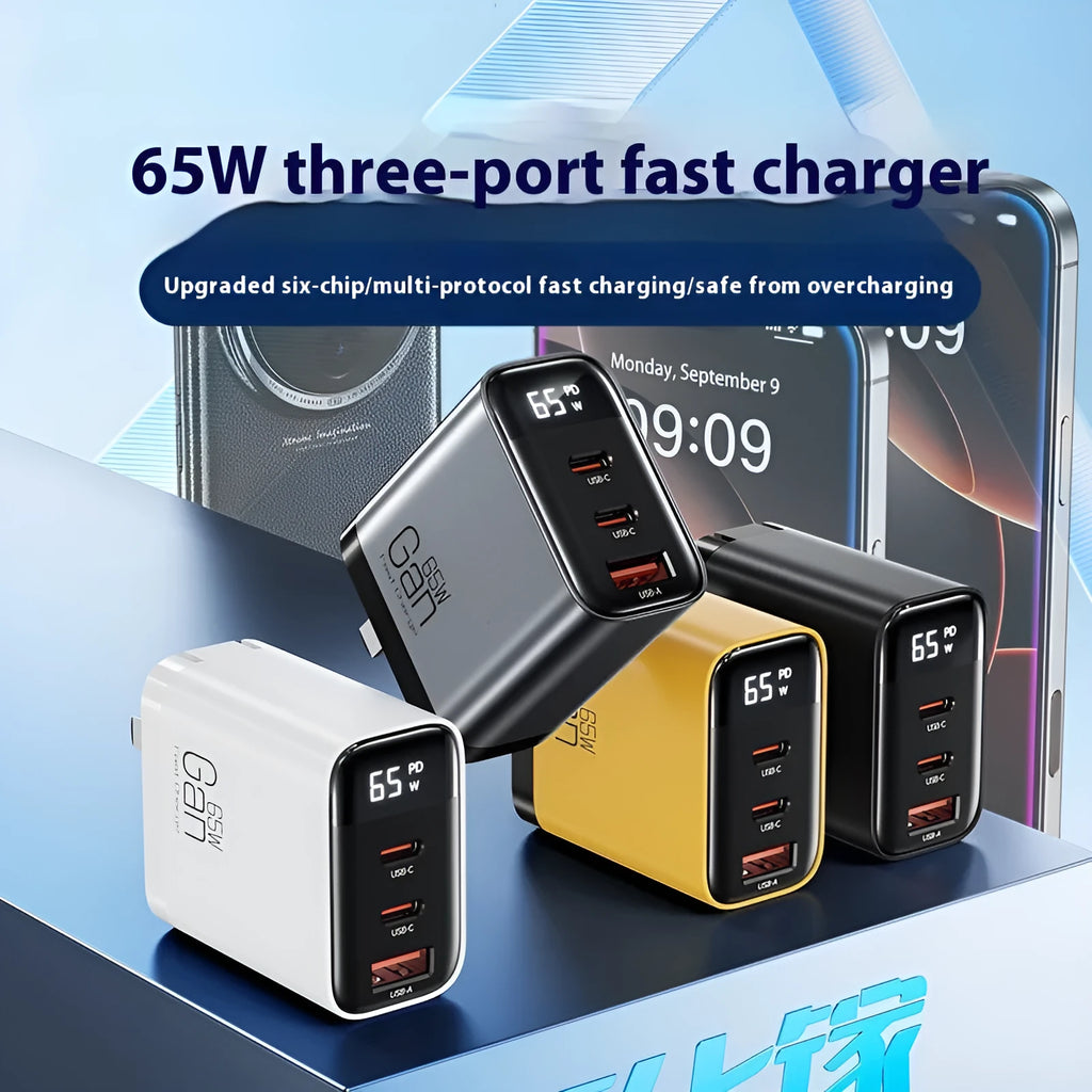 Gallium nitride three-port 65W charger with smart digital display in black, showing Type-C port