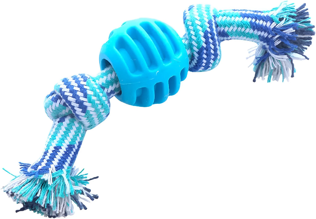 Set of blue and green rope and soft molar chew toys for dogs on a white background.