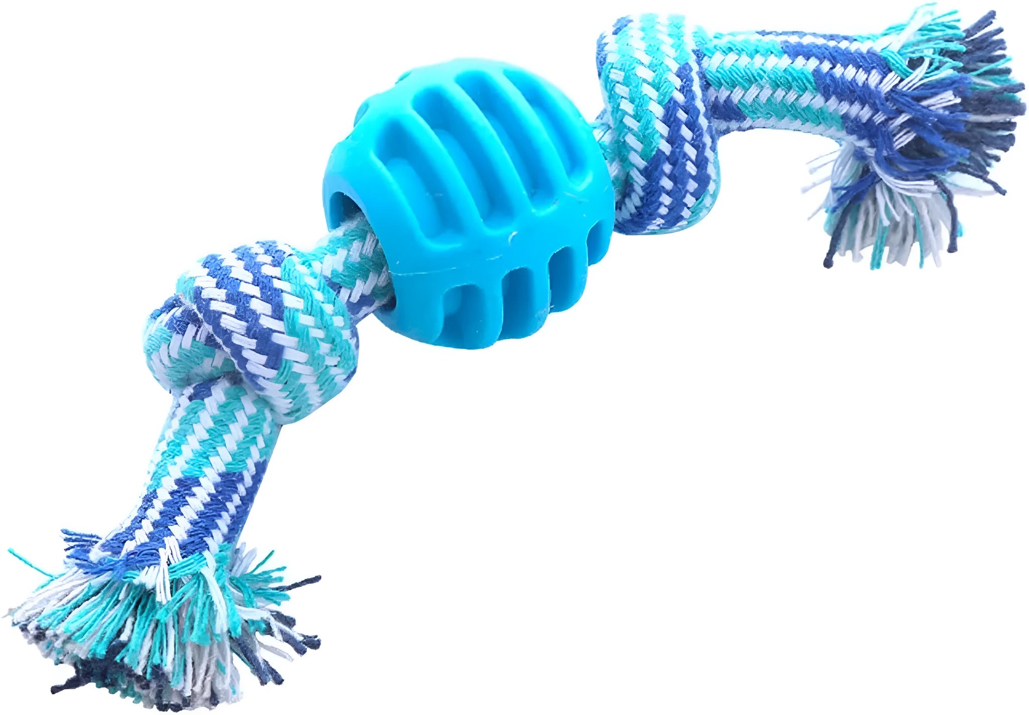 Set of blue and green rope and soft molar chew toys for dogs on a white background.