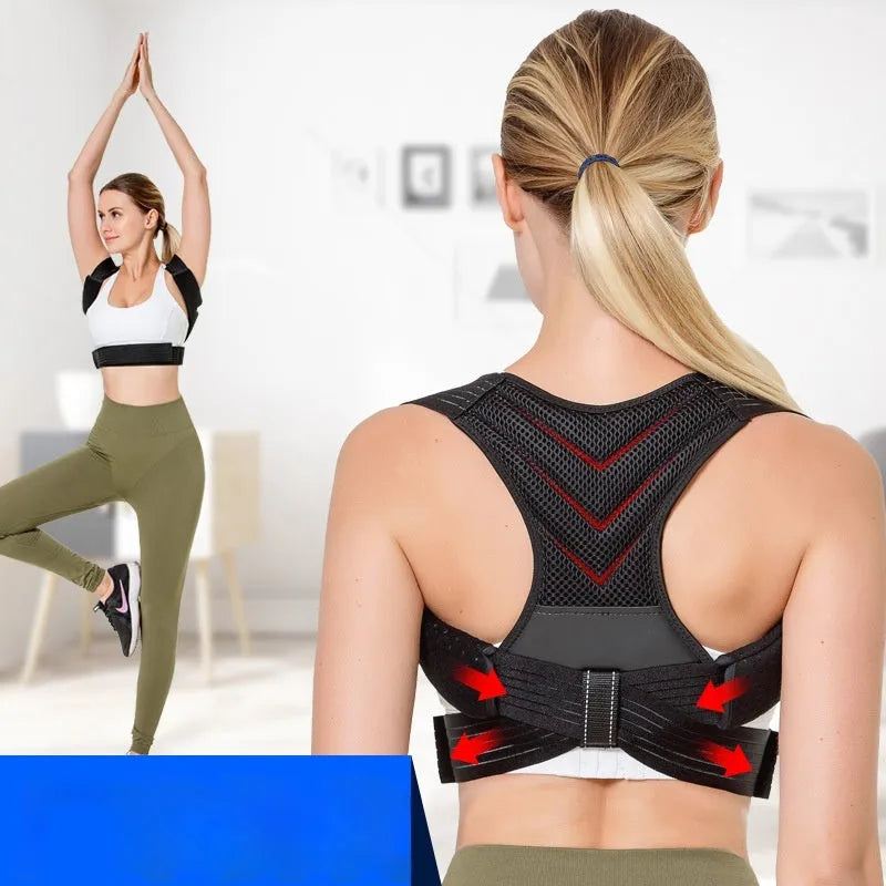 Black adjustable anti-humpback posture correction belt worn on a person's torso, showing shoulder straps and chest support.