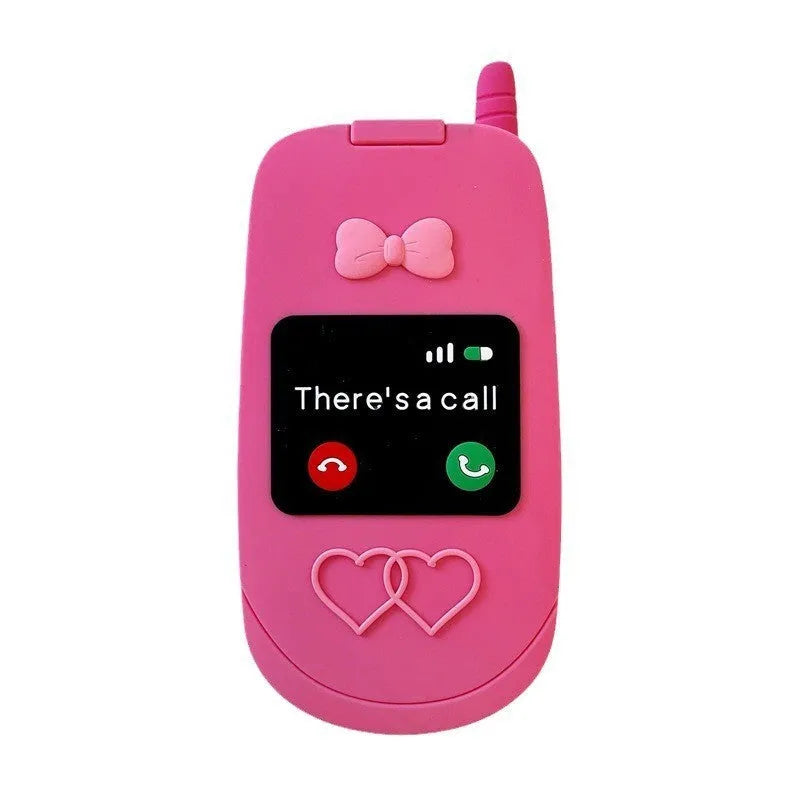 Pink silicone flip phone case for iPhone with a built-in compact mirror on the front.