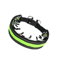 A metal chain dog training collar with a spike design, shown in black, reflective blue, and green colours.