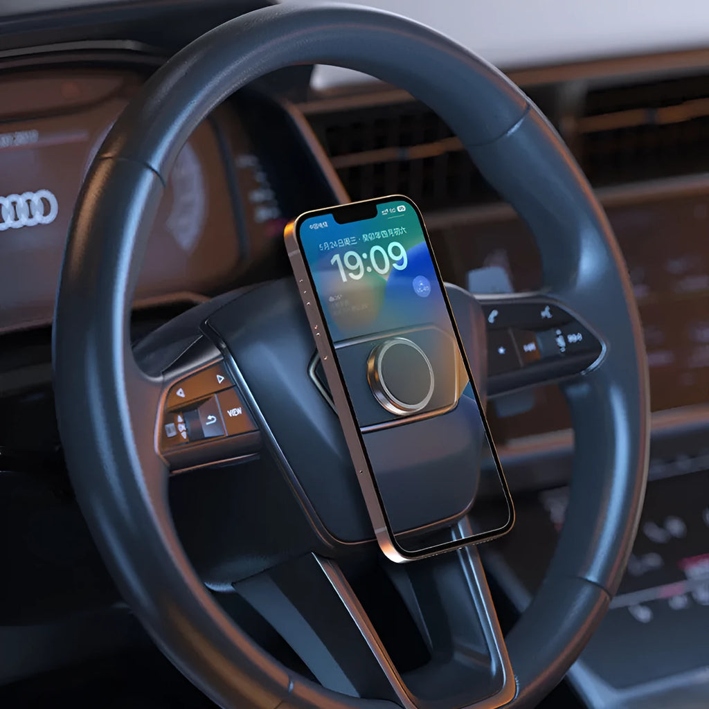 Obsidian Black alloy magnetic mobile phone holder with centripetal force technology on a desk