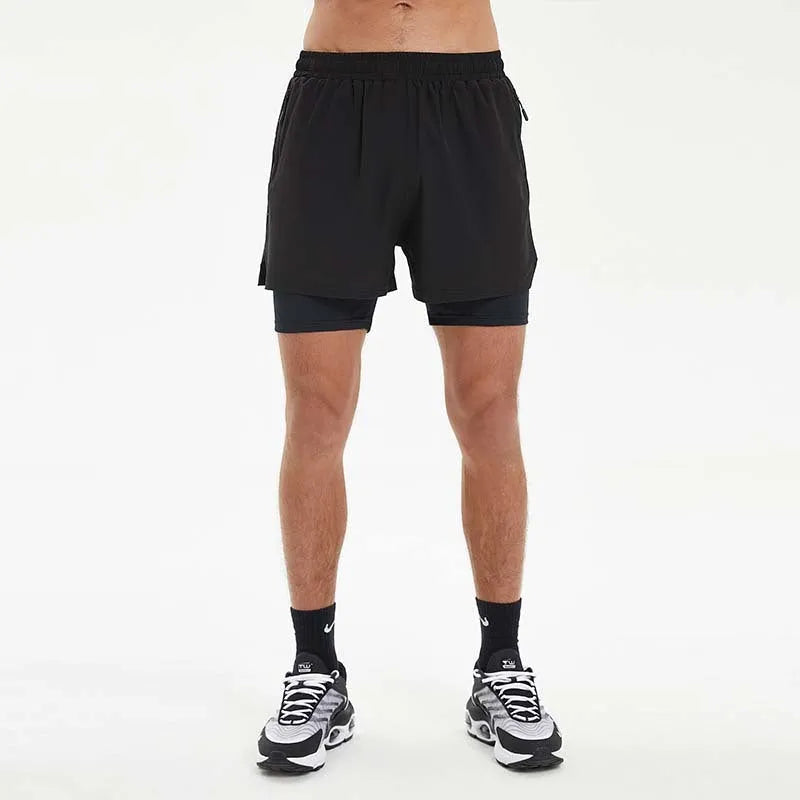 Men's black double-layer running shorts with inner liner for summer sports and fitness training