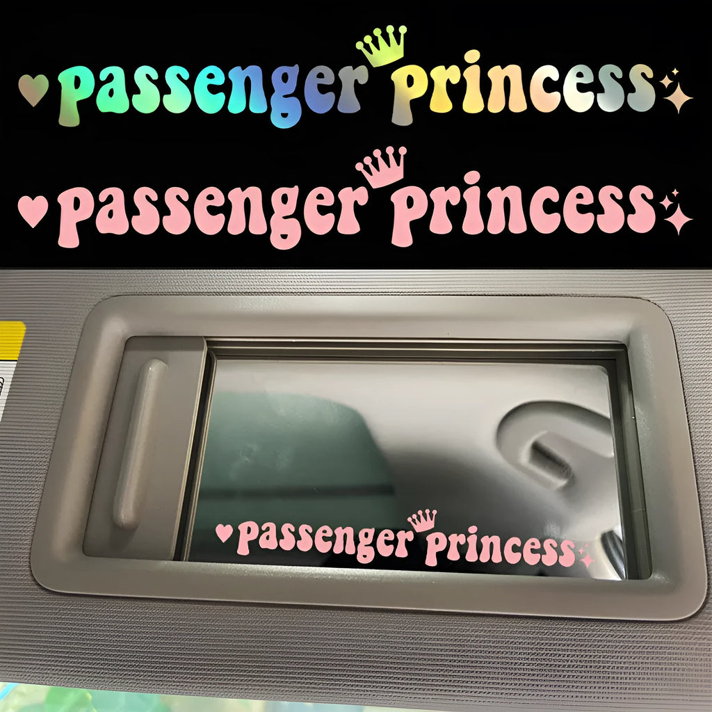 Passenger Princess black vinyl car sticker on a car rearview mirror.