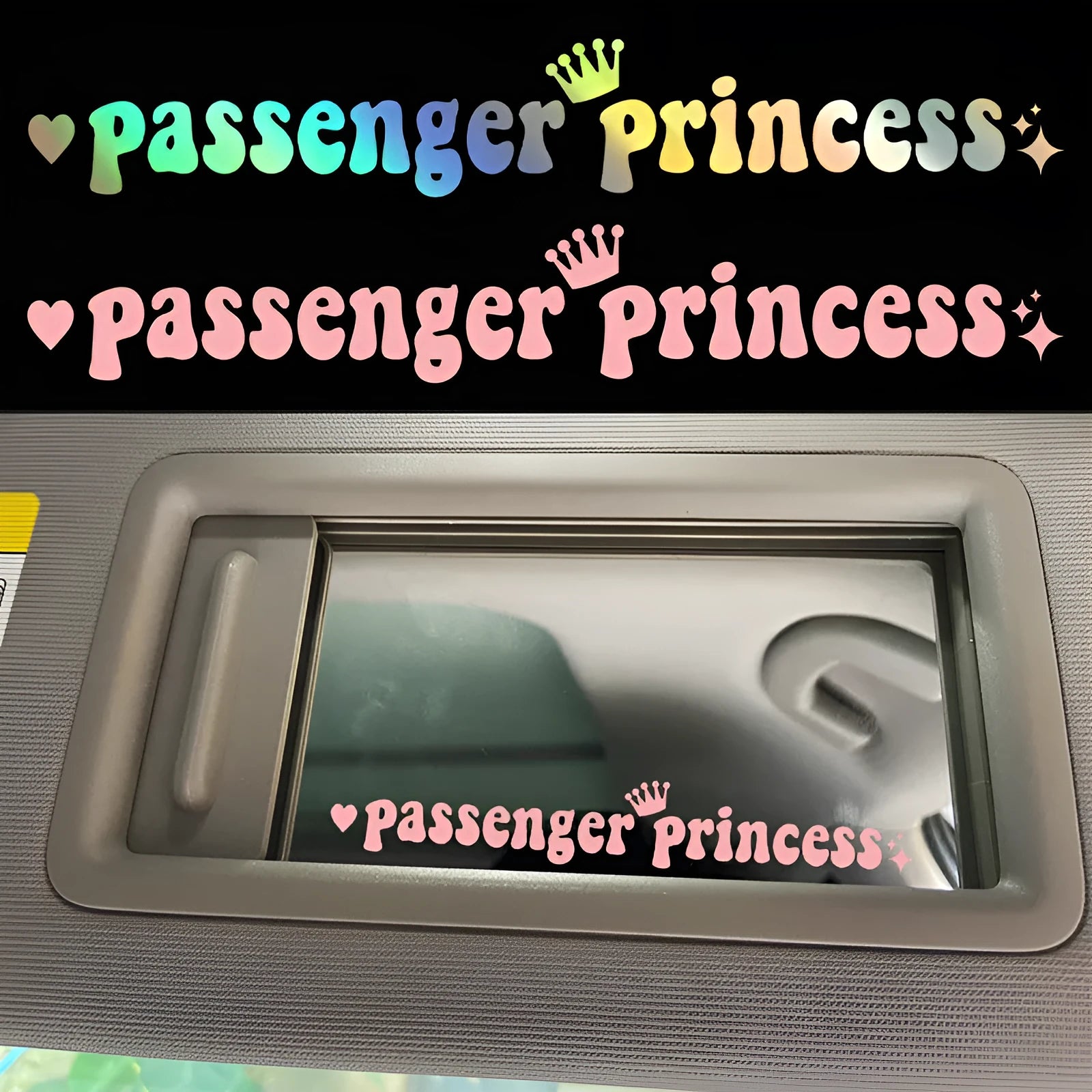 Passenger Princess black vinyl car sticker on a car rearview mirror.