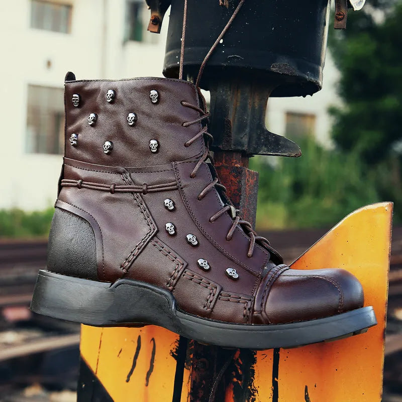 Men's punk Martin boots in first layer cowhide with cotton lining, black or brown, sizes 37-50