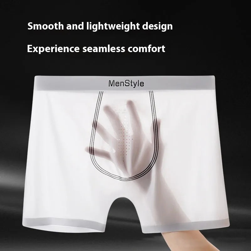 Men's seamless satin ice silk boxer shorts in flesh tone colour with mid-waist design