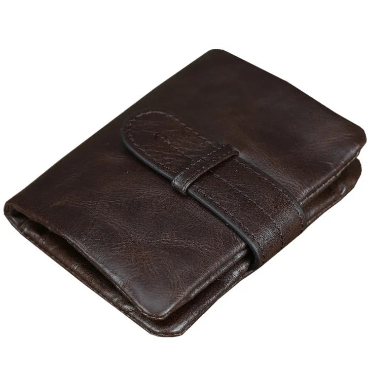 Brown genuine leather women's wallet with multiple card slots and sewing thread detail