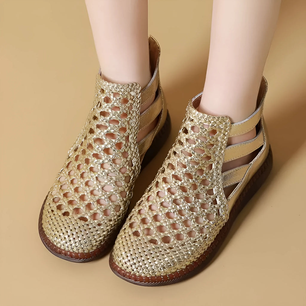 Women's gold and white flat sandals with hollow-out design and round toe