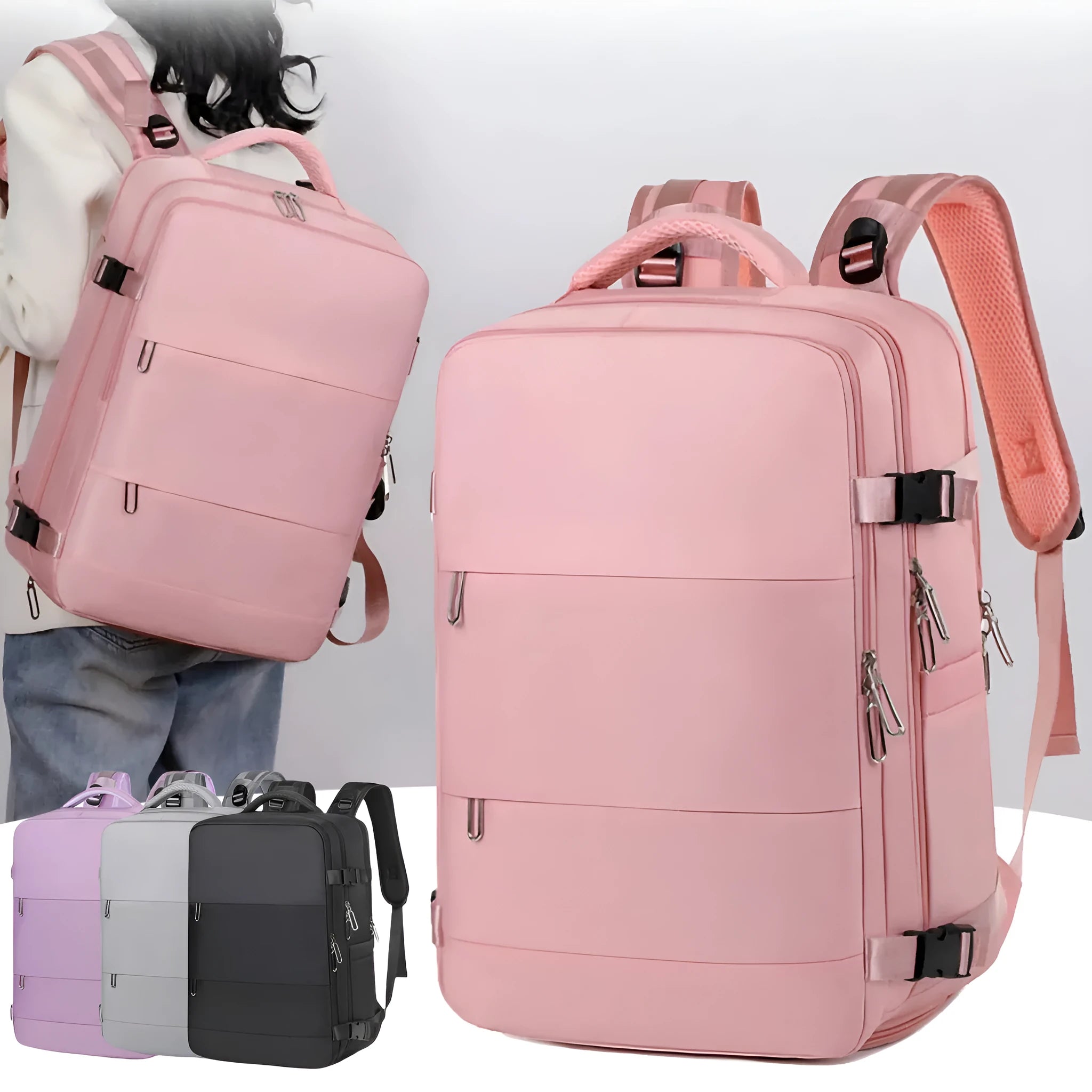Purple women's travel backpack with multiple compartments and air pillow shoulder straps