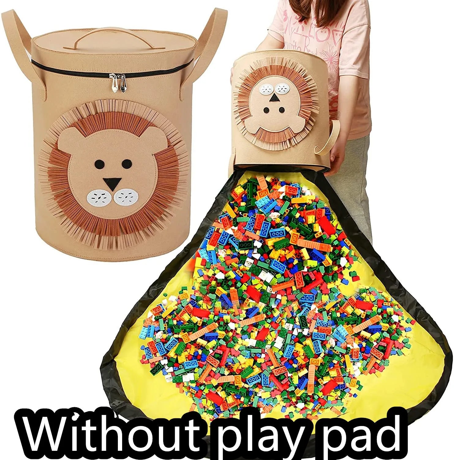 Green felt cube storage bag with pull rope, shown both as a flat play mat and gathered toy bag