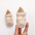 Baby girl cotton spring shoes with small flower embroidery in khaki, Velcro fastening, non-slip sole