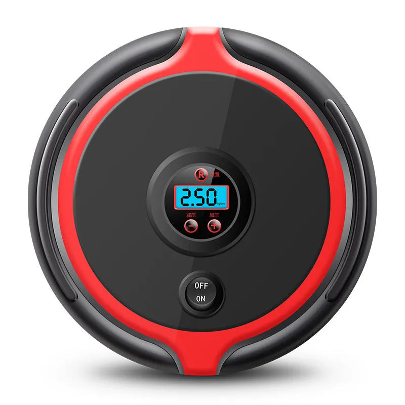 Portable 260 PSI digital car tyre inflator with rubber hose and black plastic body on white background