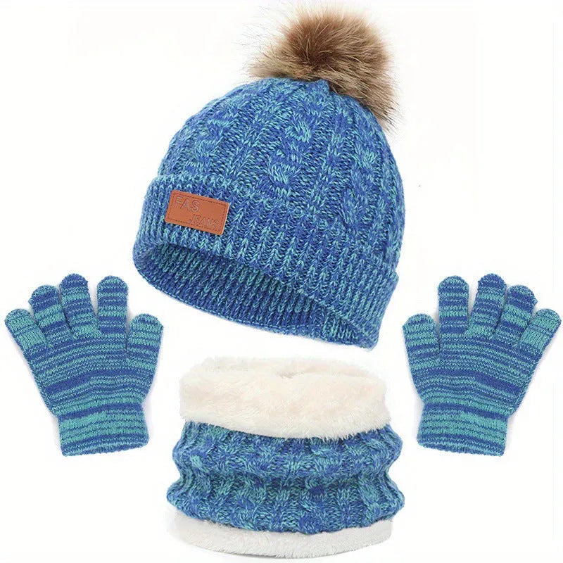 Children's knitted hat, scarf and gloves set in acrylic, single ball design, available in black, blue, rose red or yellow