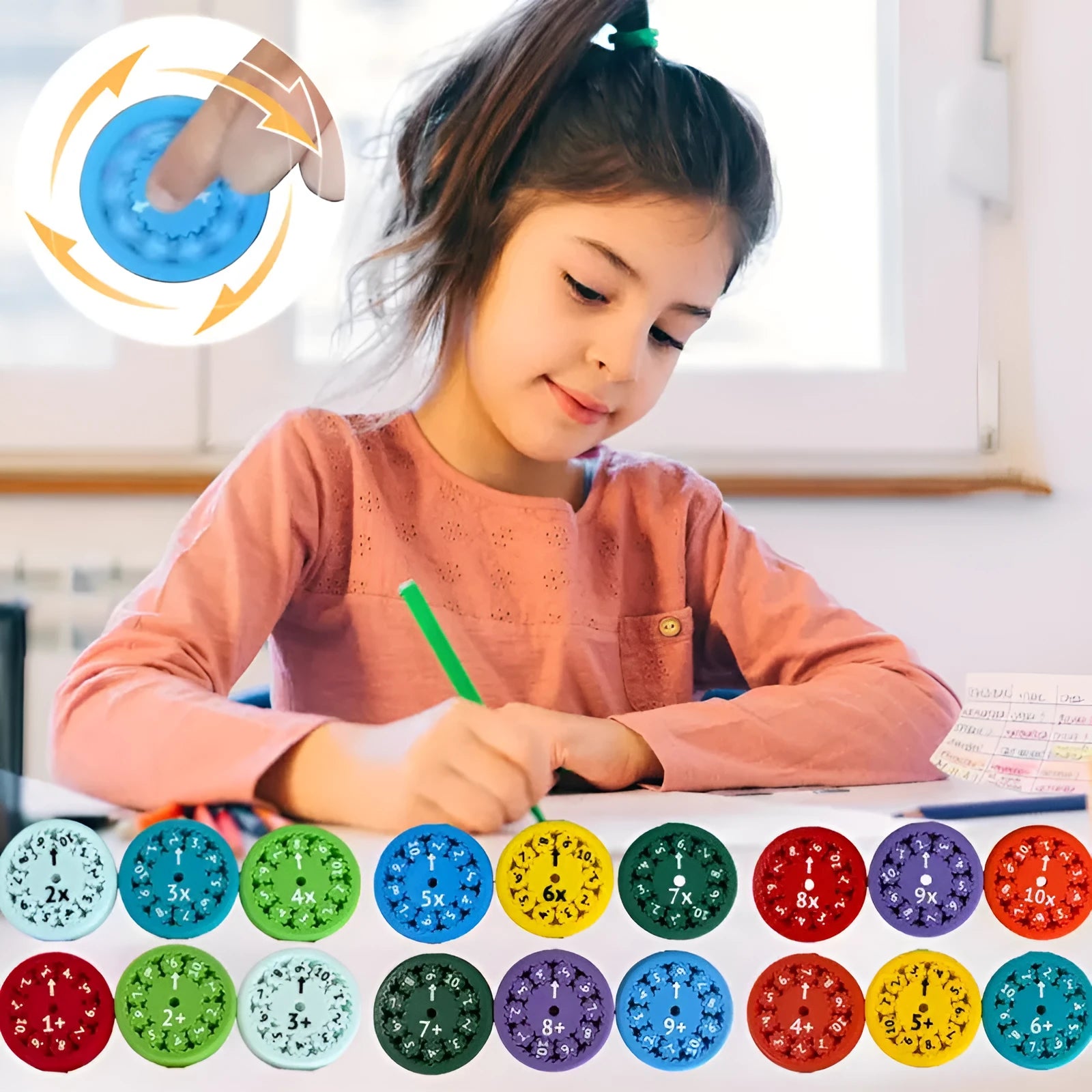 Nine plastic math fidget spinners in two colour sets for addition subtraction and multiplication division
