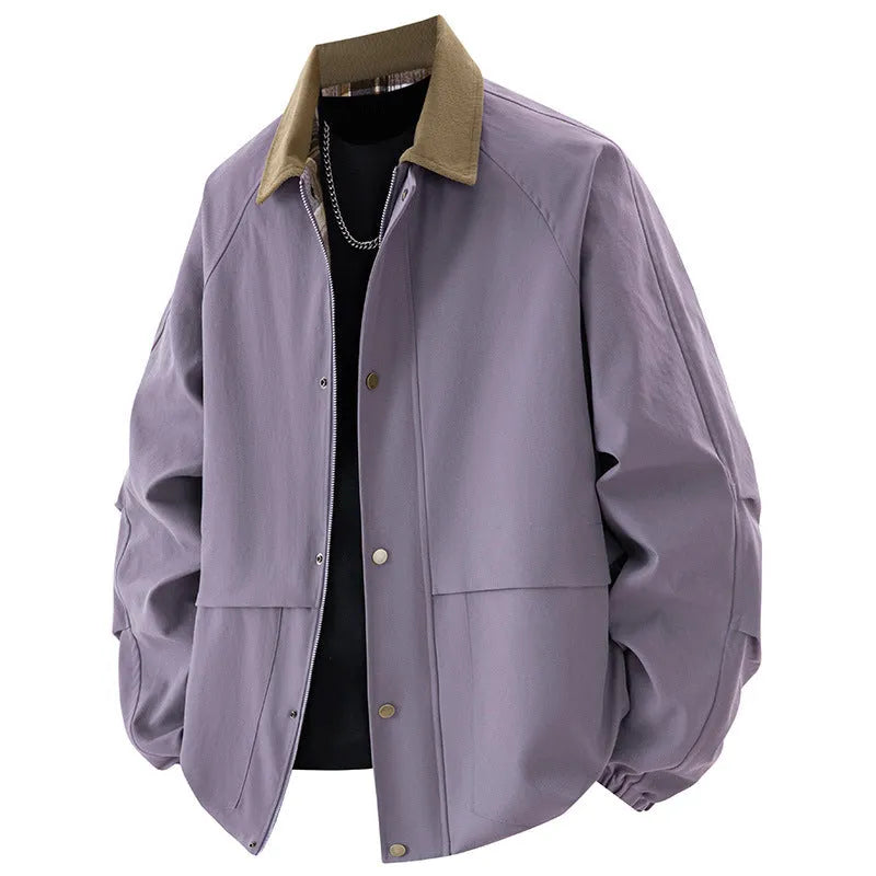 Men's loose fit plus size lapel coat in solid colour, side seam pockets, polyester fibre fabric