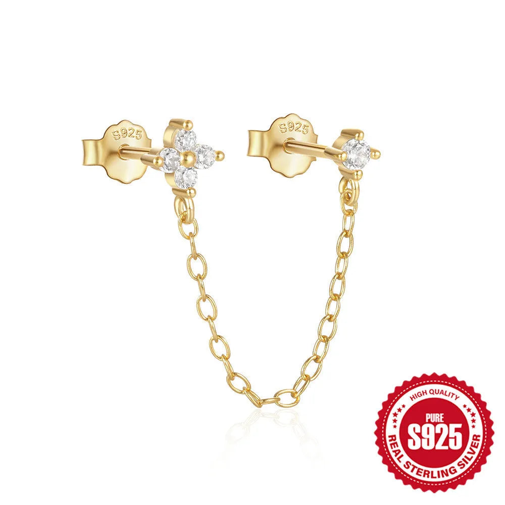 S925 sterling silver ear studs with geometric flower design and tassel chain elements in golden colour