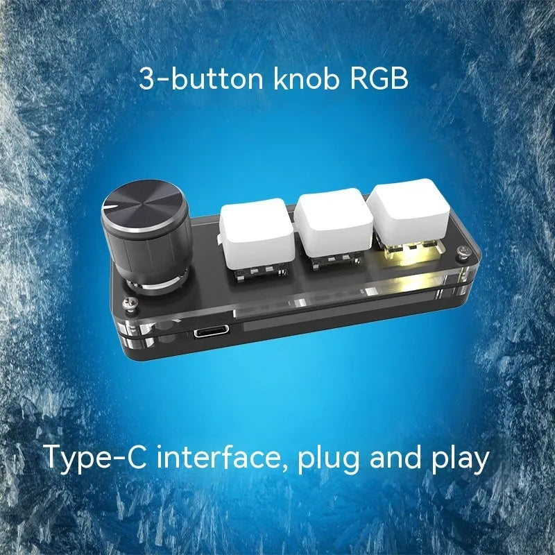 Black and white programmable macro keyboard with RGB backlight showing 15cm size next to USB cable