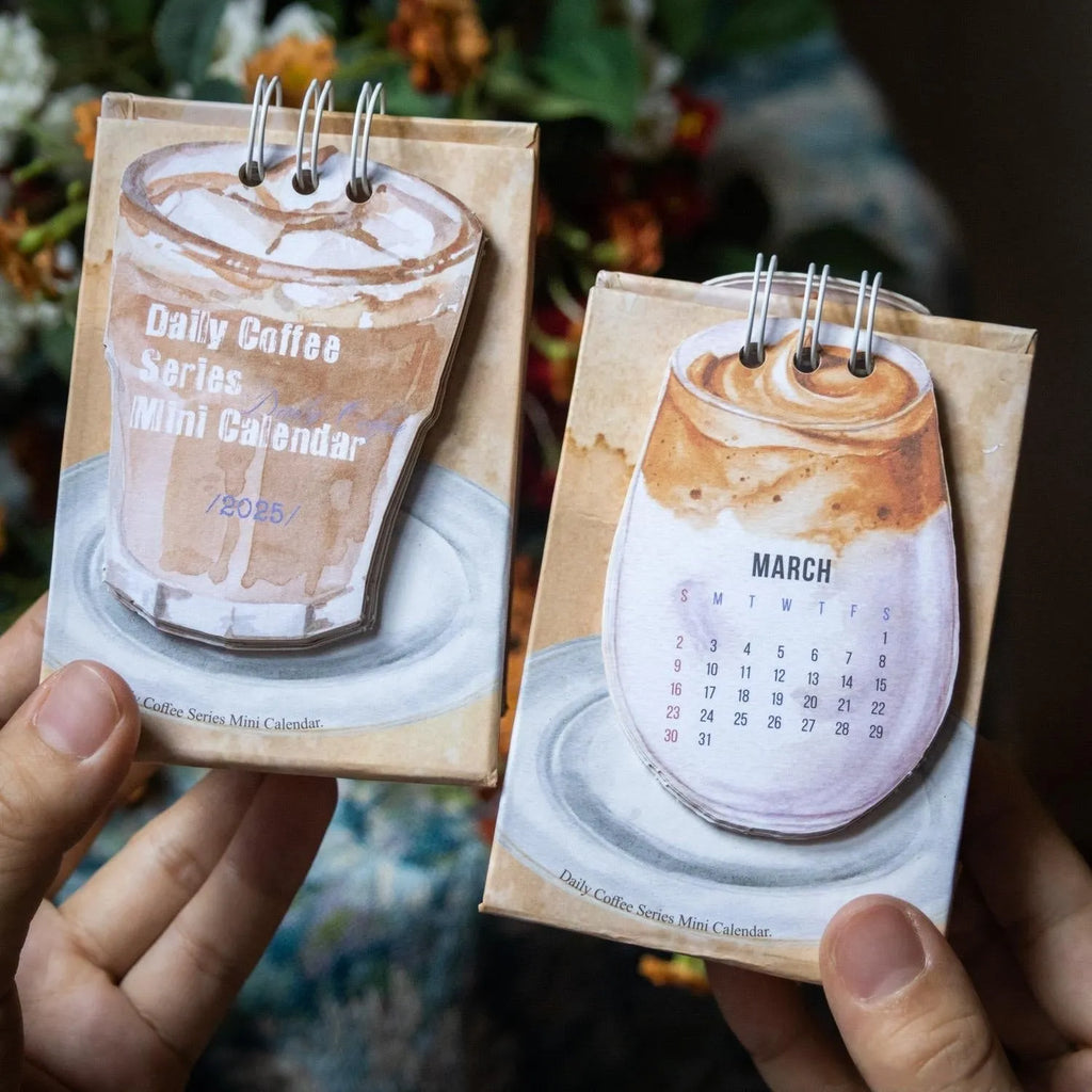 Mini desk calendar 2025 with multiple design options including Coffee Time theme