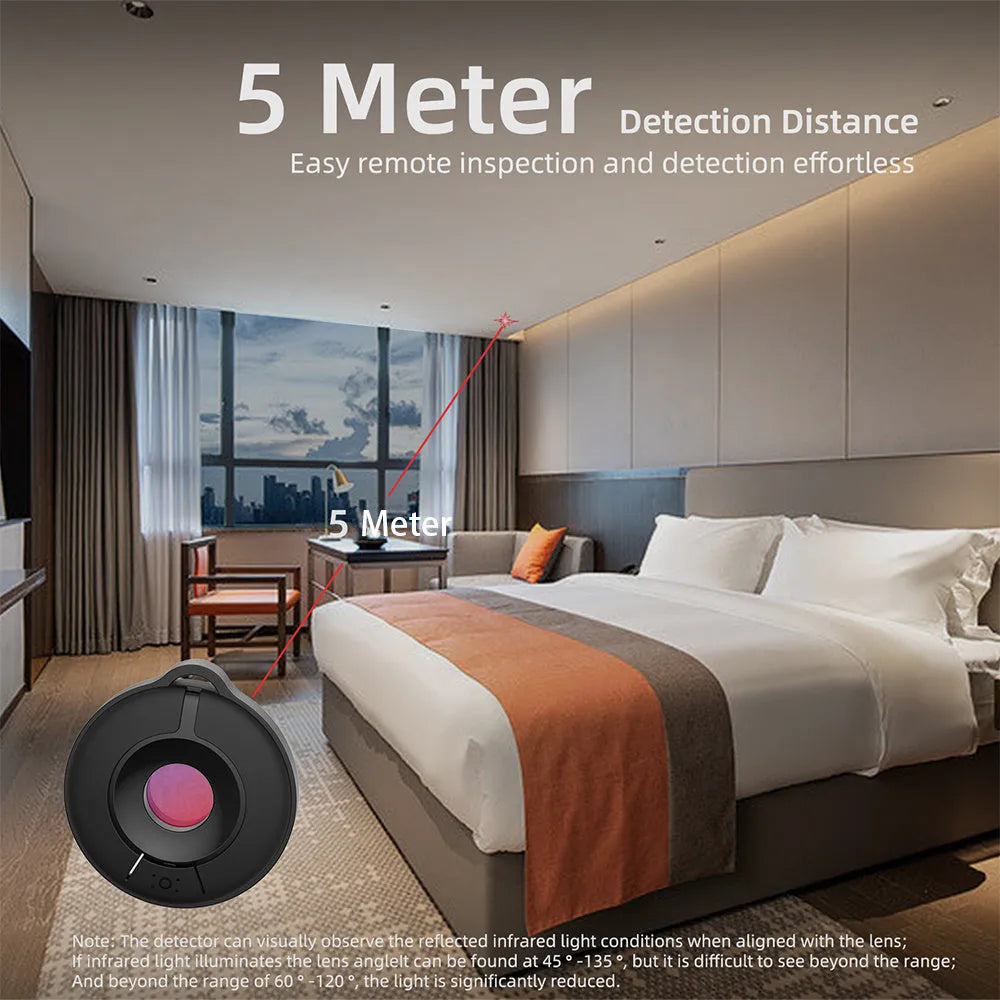 Compact black camera detector with infrared sensor for finding hidden surveillance devices.