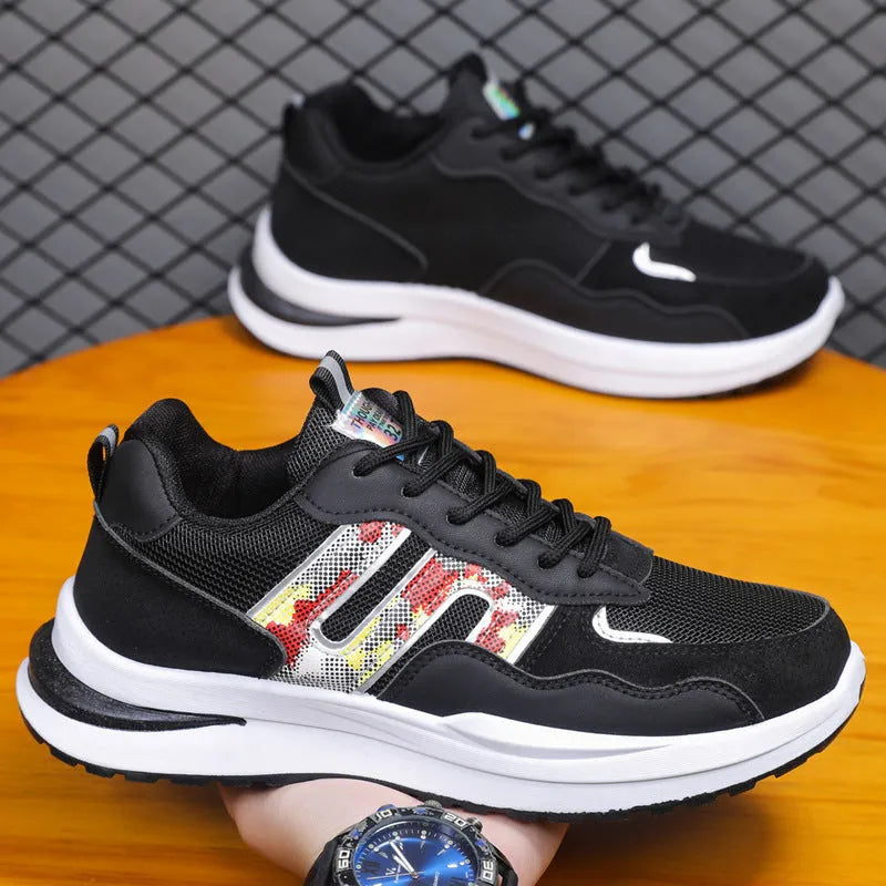 Men's white green mesh sports casual shoe with leather toe holder on a plain background.