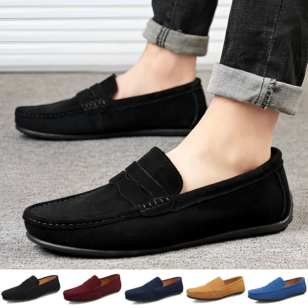 Men's solid colour cowhide suede loafers with round toe and rubber sole