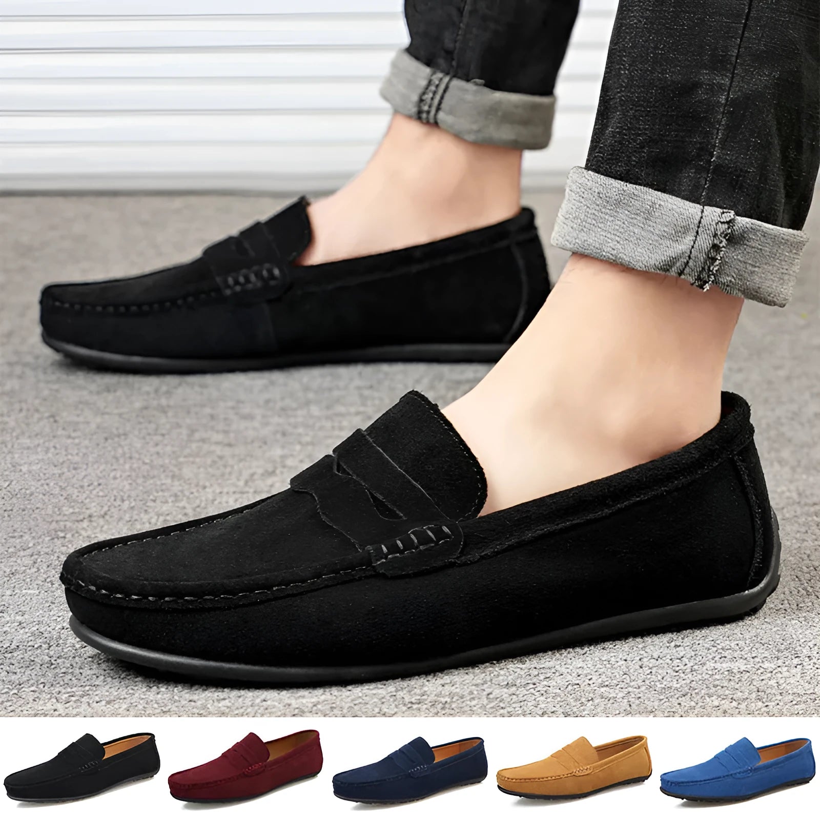Men's solid colour cowhide suede loafers with round toe and rubber sole