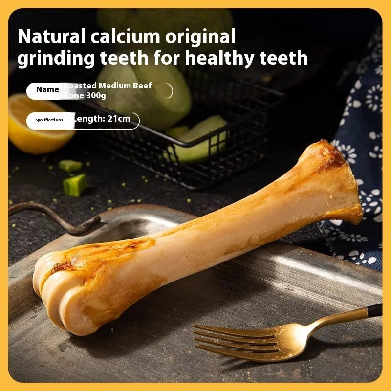 Large, Medium, and Small sized puppy molar chew rods with roasted ox bone flavour on a plain background.