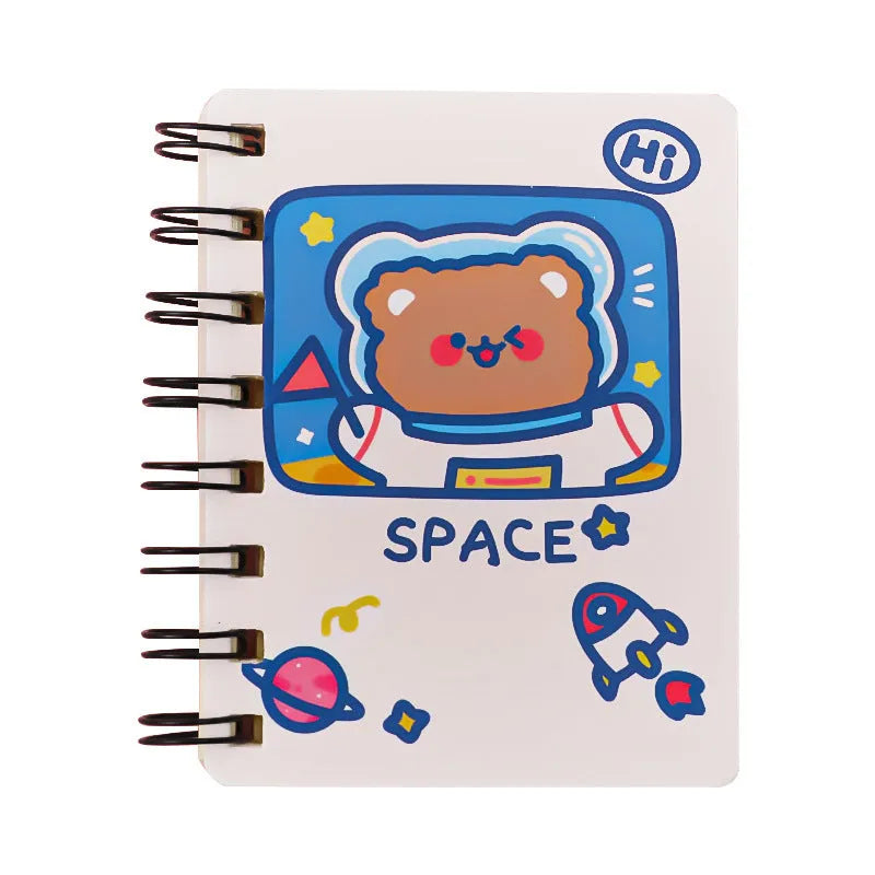 Astronaut-themed portable flipper notebook showing 10.5 by 8 cm size and colourful cover options.